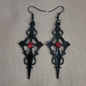 Gothic black cross and red crystal earrings